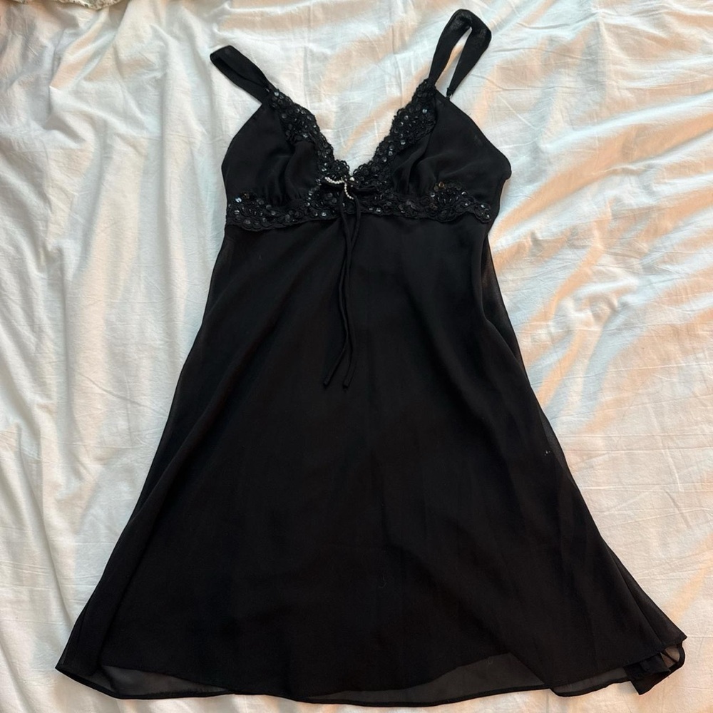 Vintage Lucie Ann Black Satin Chemise with Lace Detail